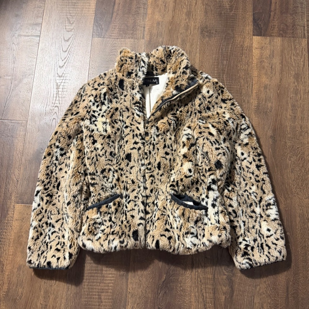 Platinum Leopard Print Faux Fur Zip Up Jacket Women's Small Petite